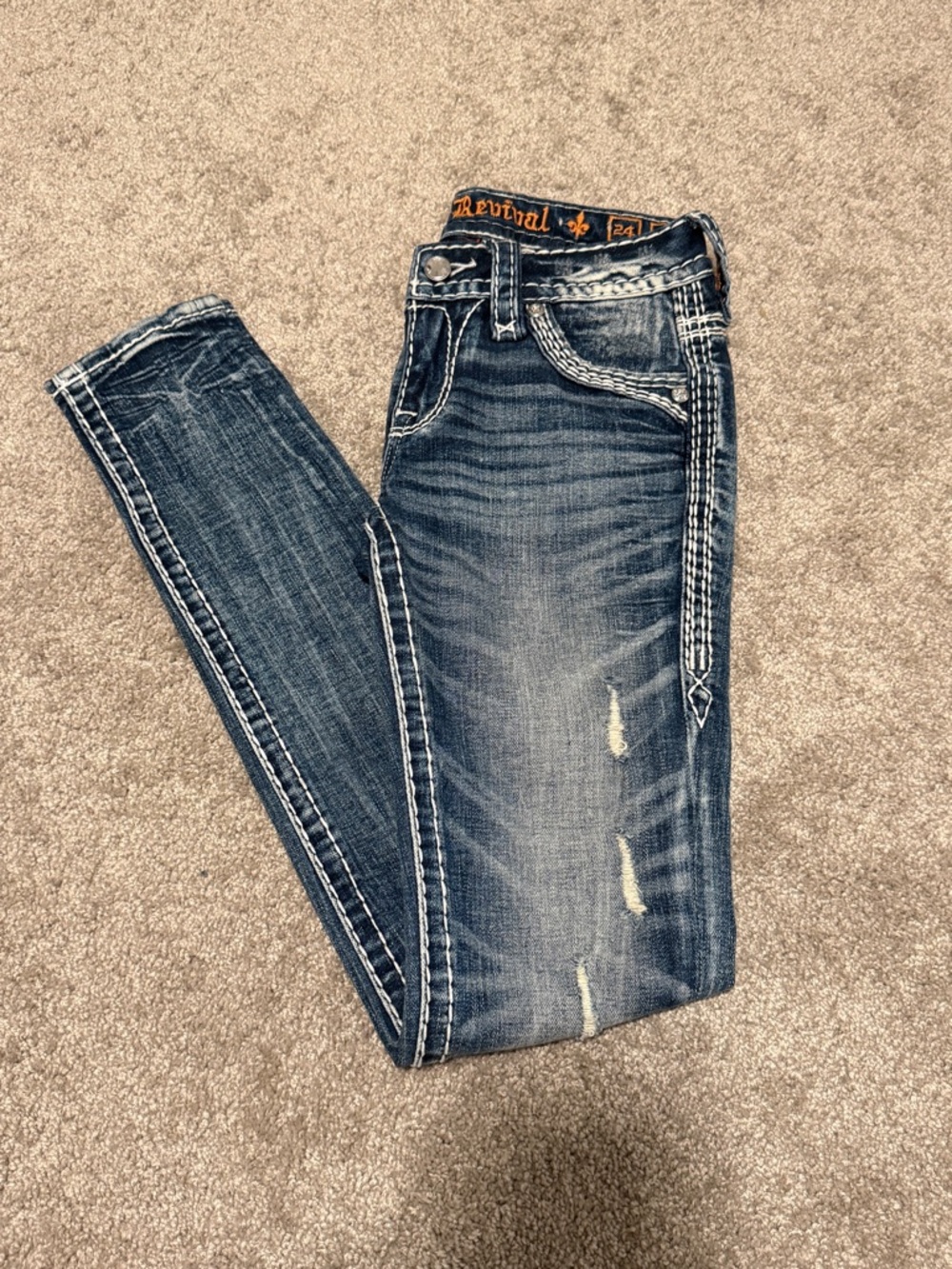 Rock Revival Women's Dark Blue Skinny Jeans with Contrast Stitching